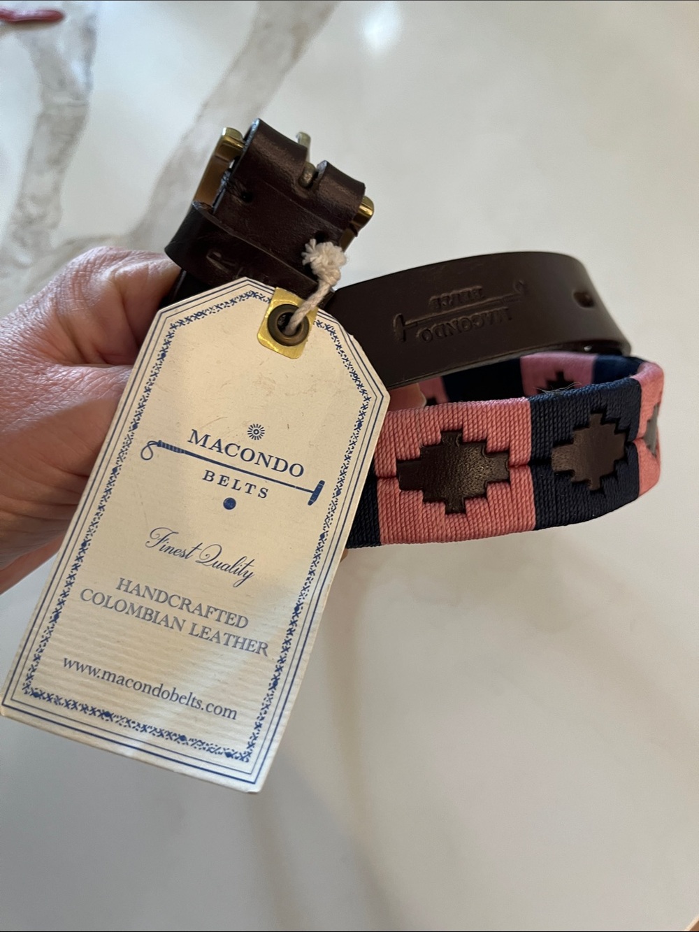 NEW Unisex Woven 1.25” wide Leather Belt - Pink & Navy on brown leather (RR)